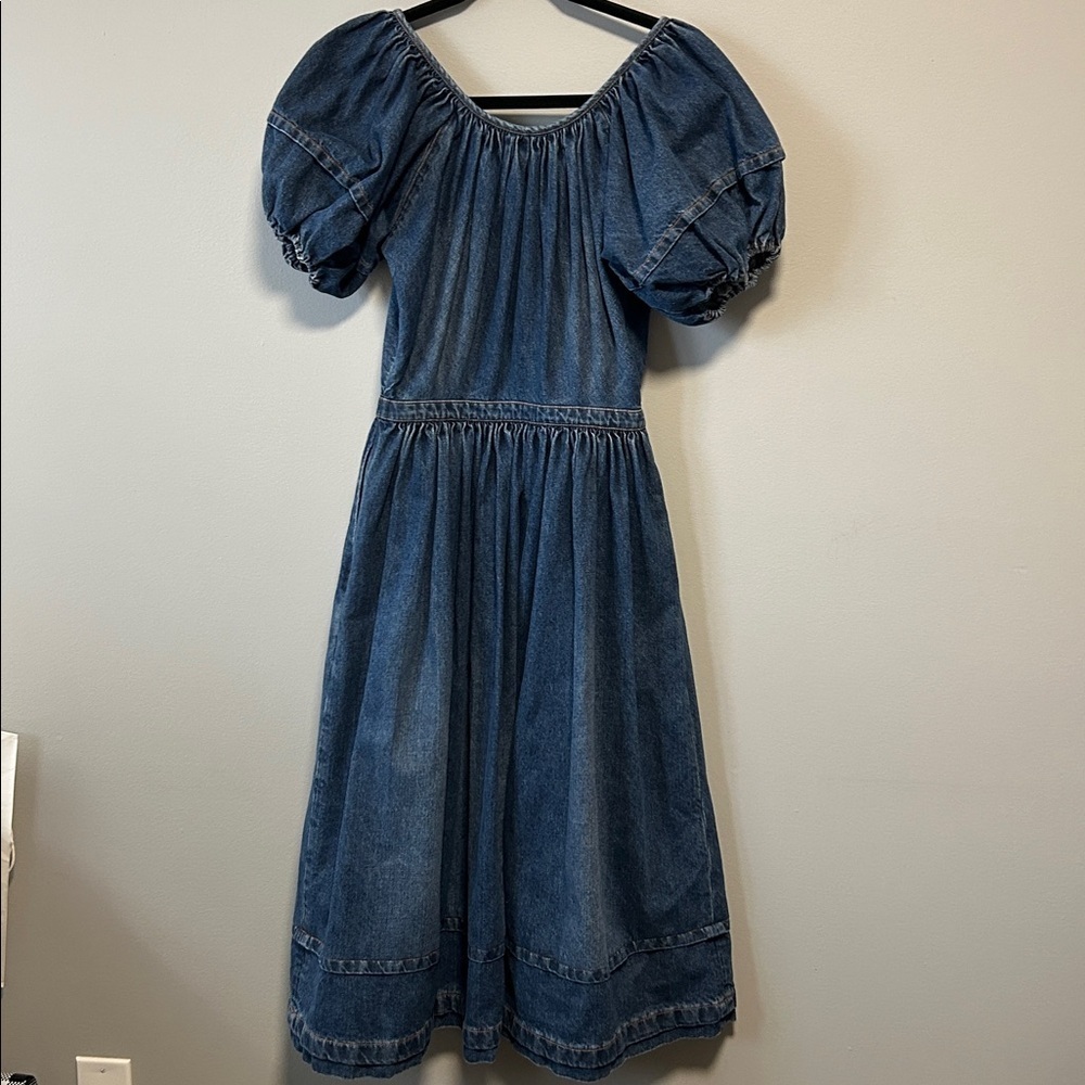 CO Denim Designer Puff Short Sleeve Minimalist Midi Dress Size XS - Picture 5 of 11